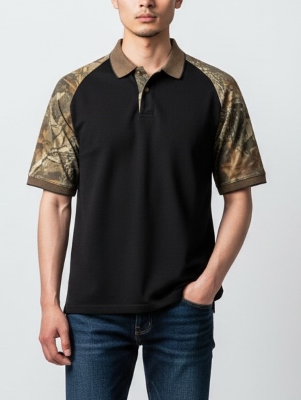 Cabela's EUC Black Polo with Tan Camouflage Sleeves